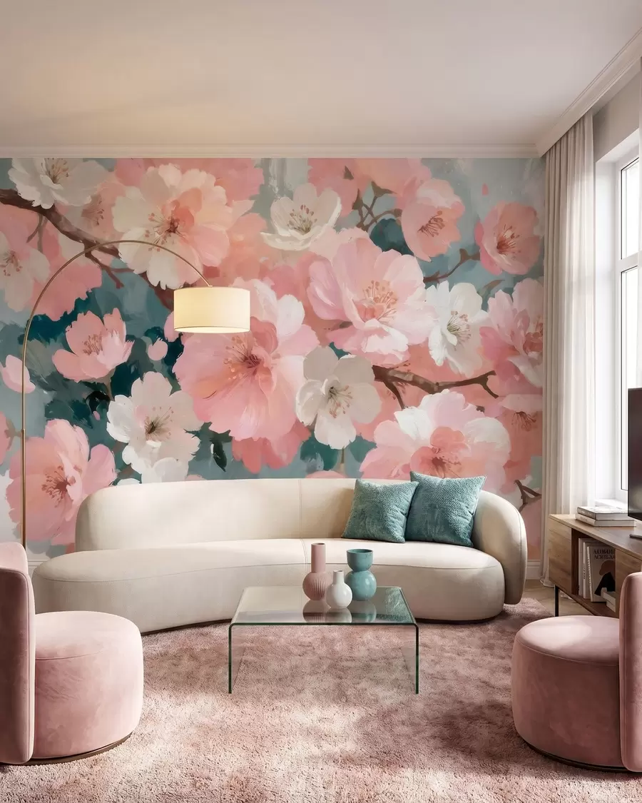murais de parede Flores de cerejeira em flor, com pétalas rosa e brancas, em estilo de pintura a óleo w09912