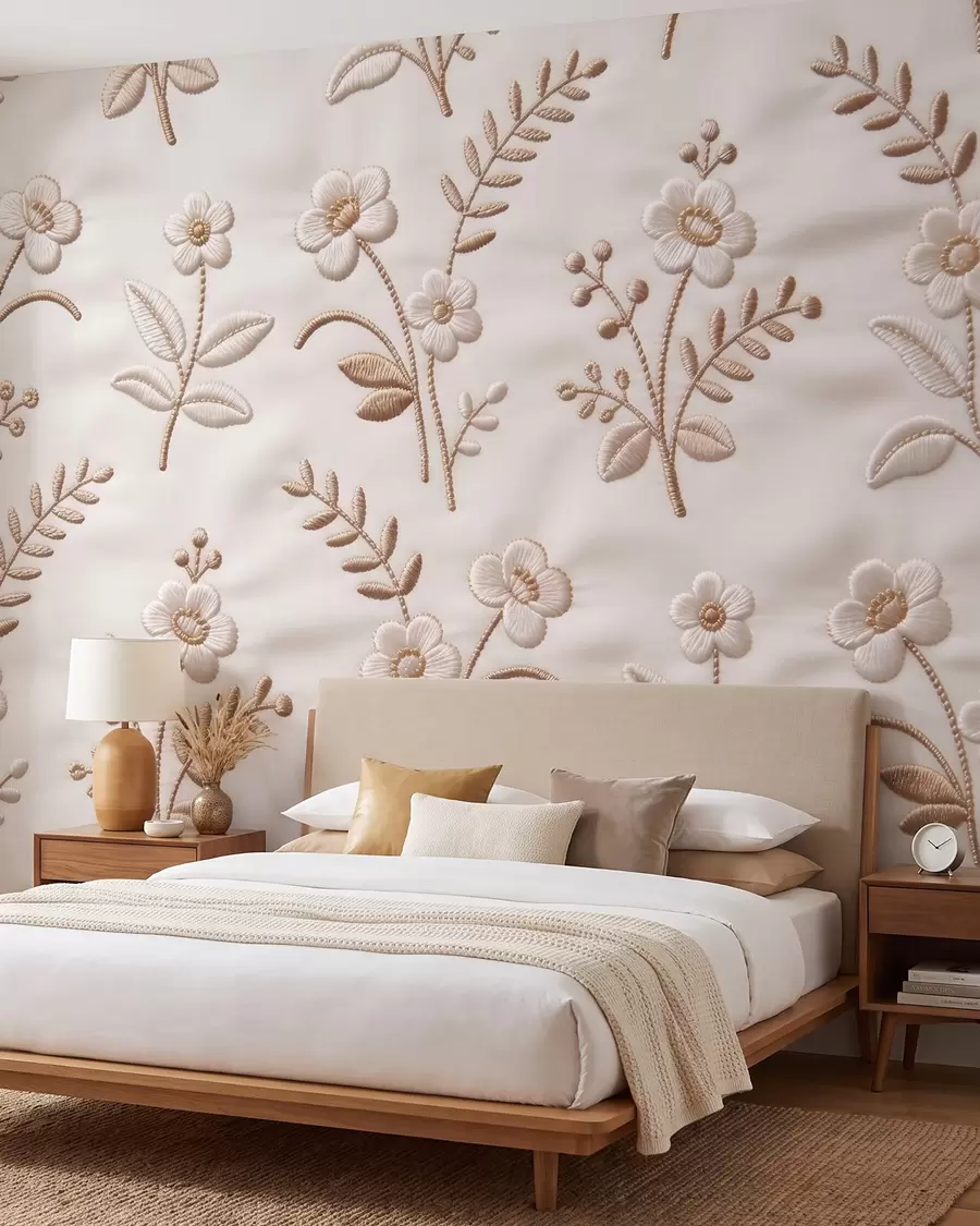 murais de parede Padrão floral em bordado simulado com linha amarela sobre tecido w09953