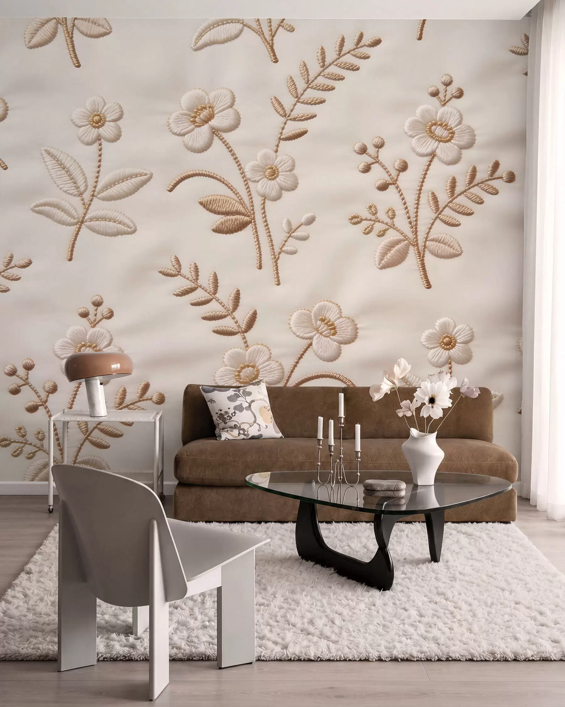 murais de parede Padrão floral em bordado simulado com linha amarela sobre tecido w09953