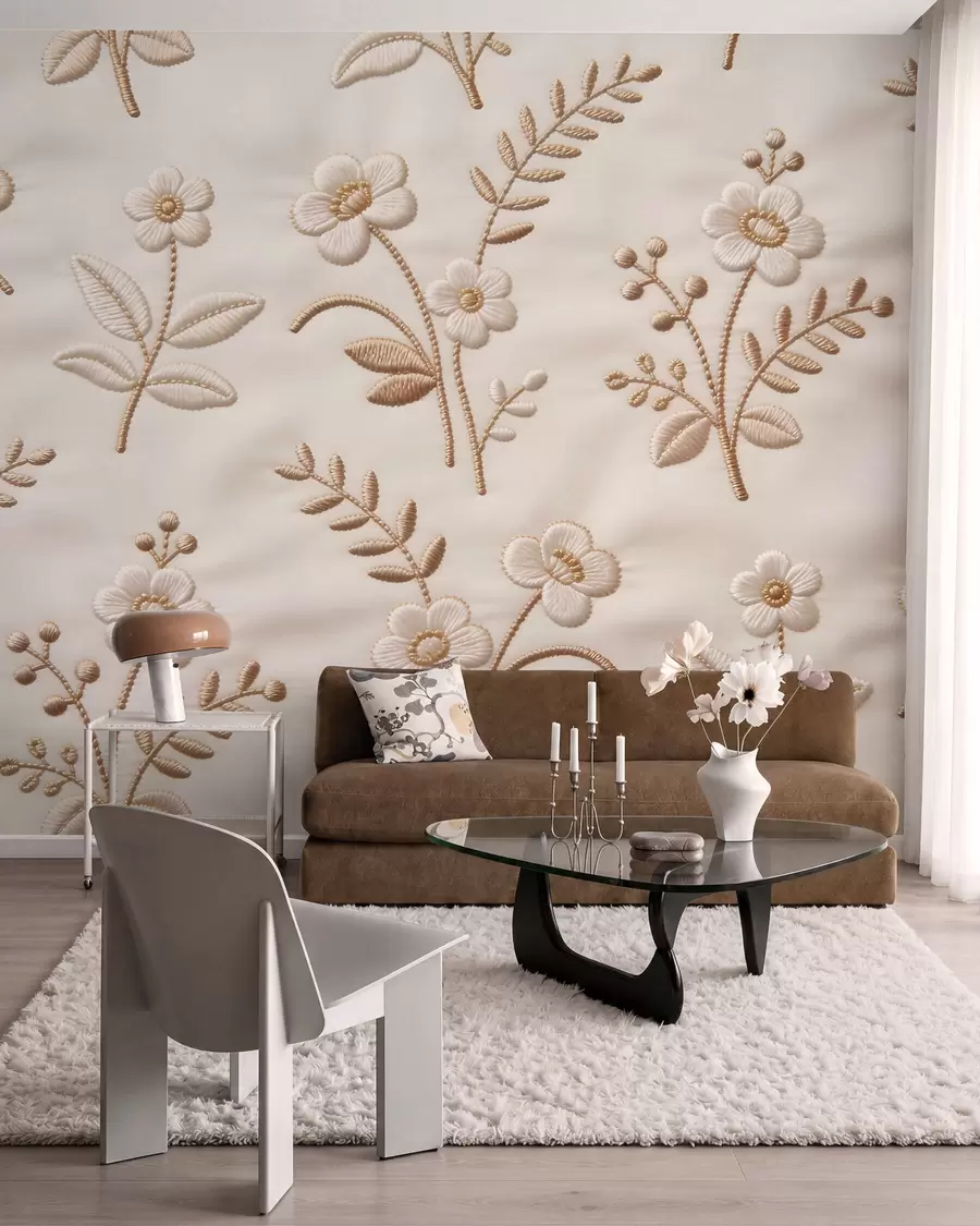murais de parede Padrão floral em bordado simulado com linha amarela sobre tecido w09953
