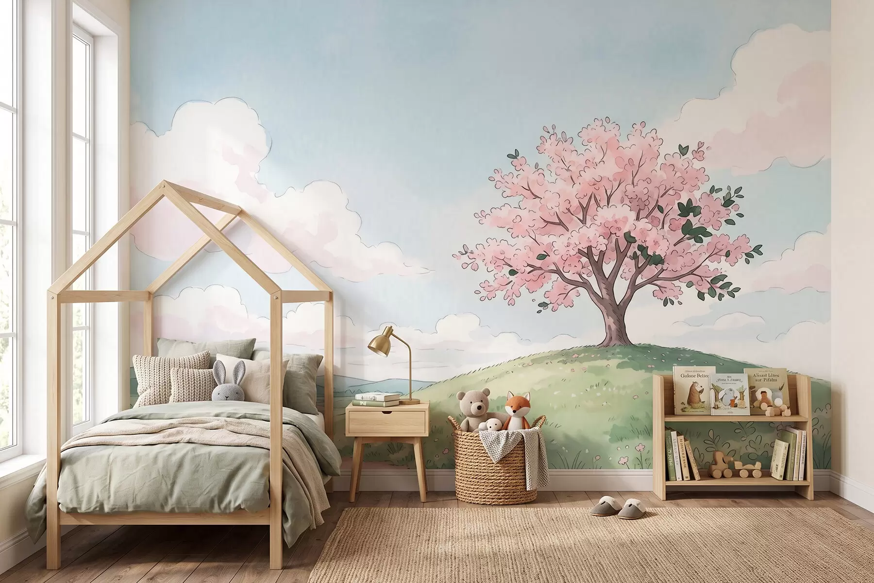 murais de parede Árvore em flor em uma colina verde com uma cabana ao longe; paisagem em estilo aquarela w09954