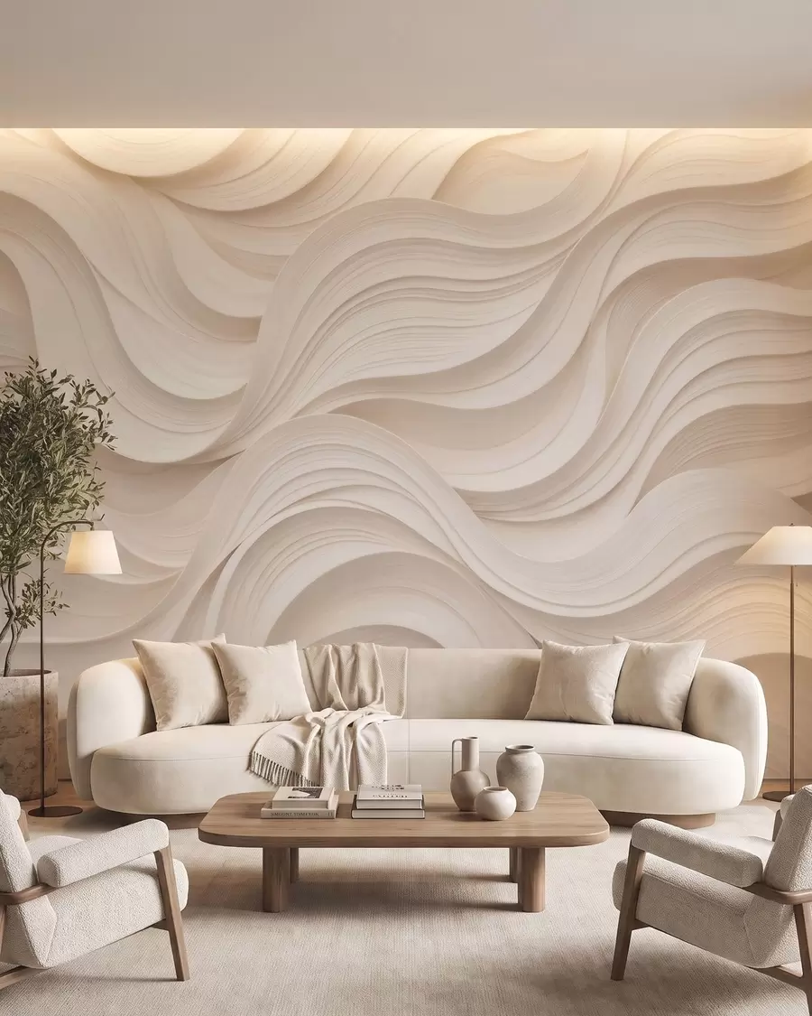 murais de parede Ondas abstratas em tom bege, em estilo 3D w09957