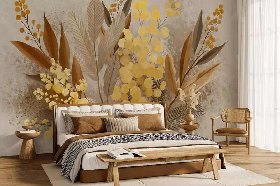 murais de parede Galhos de mimosa pintados e um herbário em tons quentes w05659