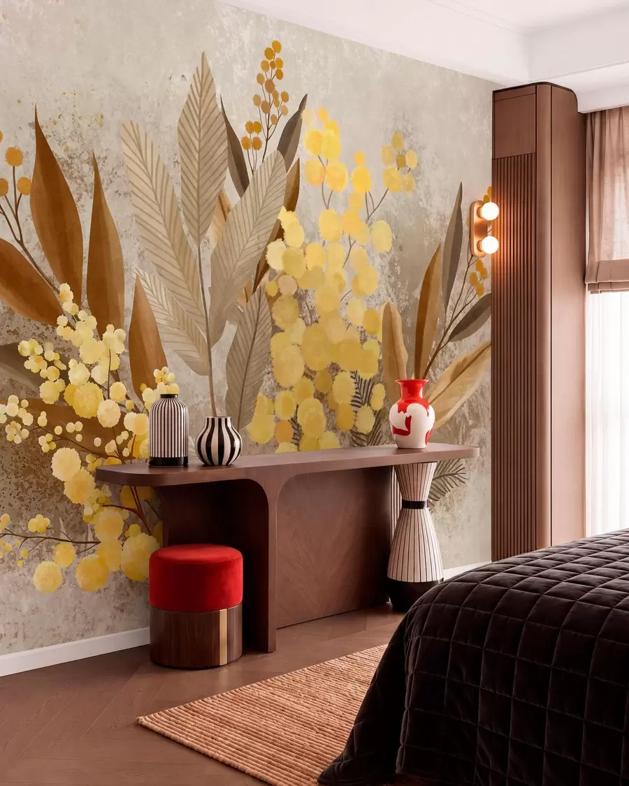 murais de parede Galhos de mimosa pintados e um herbário em tons quentes w05659