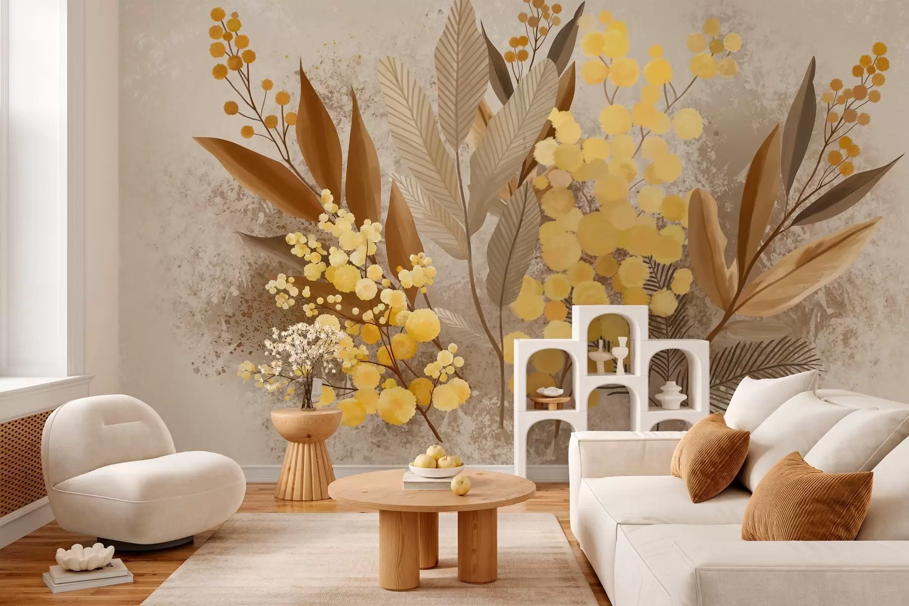 murais de parede Galhos de mimosa pintados e um herbário em tons quentes w05659