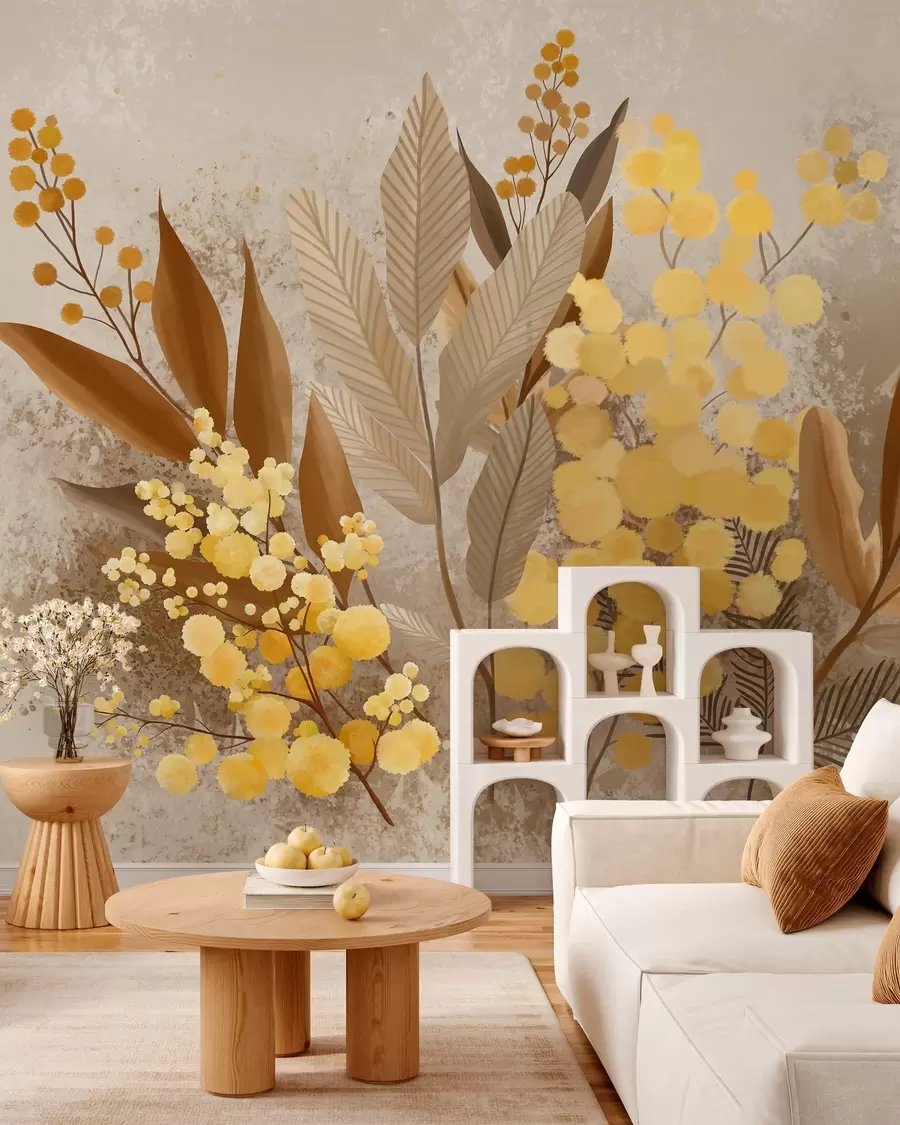 murais de parede Galhos de mimosa pintados e um herbário em tons quentes w05659