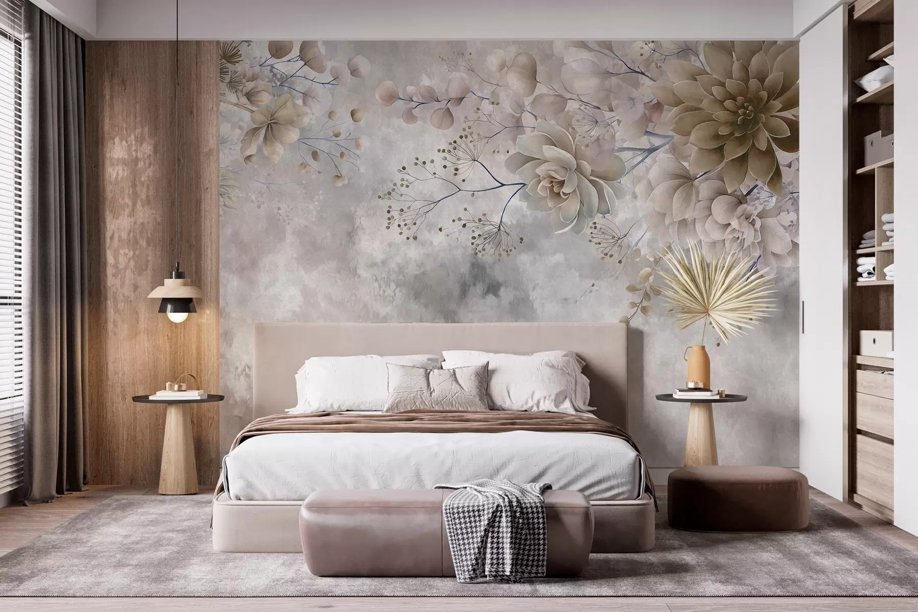murais de parede Flores fantásticas em estilo retrô na imagem acima, em tons de bege e marrom w05753