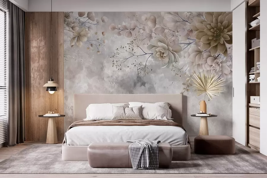 murais de parede Flores fantásticas em estilo retrô na imagem acima, em tons de bege e marrom w05753