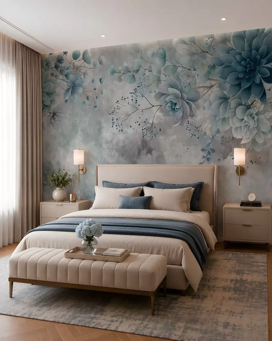 murais de parede Flores fantásticas em estilo retrô na imagem acima, em tons de bege e marrom w05753