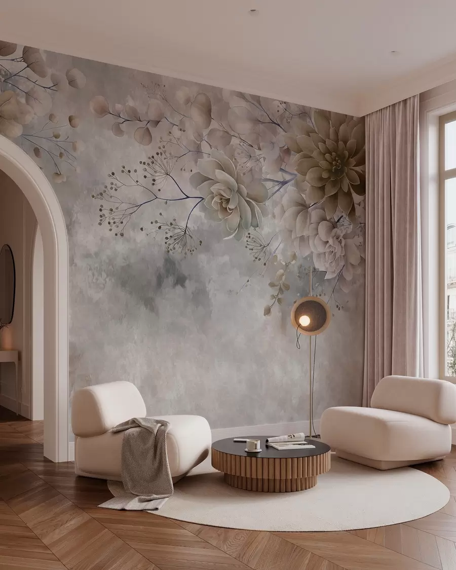 murais de parede Flores fantásticas em estilo retrô na imagem acima, em tons de bege e marrom w05753