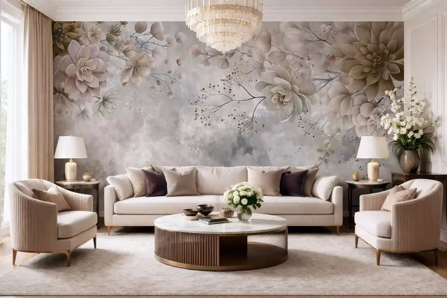 murais de parede Flores fantásticas em estilo retrô na imagem acima, em tons de bege e marrom w05753