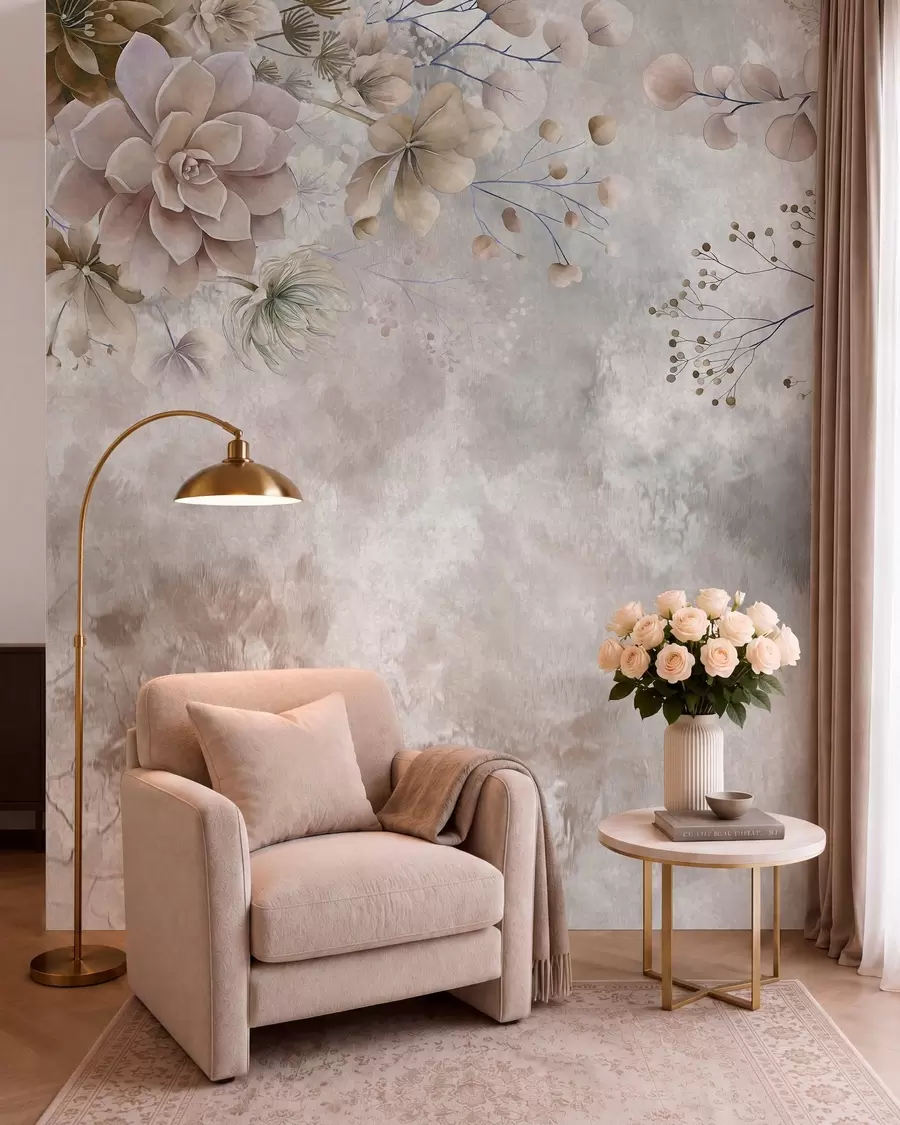 murais de parede Flores fantásticas em estilo retrô na imagem acima, em tons de bege e marrom w05753