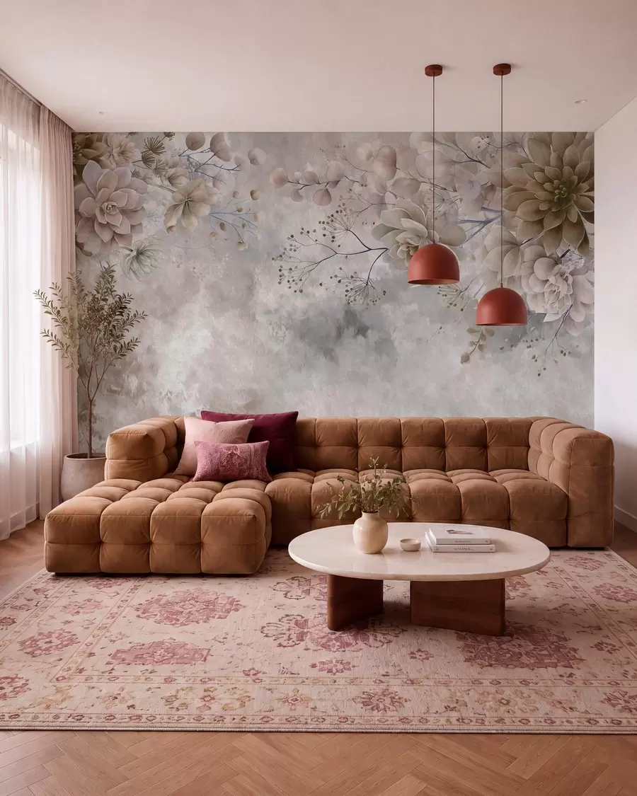 murais de parede Flores fantásticas em estilo retrô na imagem acima, em tons de bege e marrom w05753