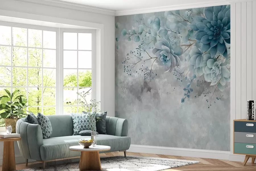 murais de parede Uma visão de cima para baixo de flores fantásticas em estilo retrô, em tons de azul e turquesa w05753v1