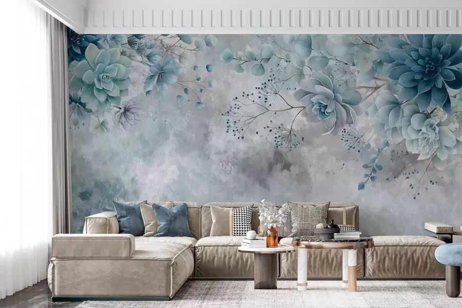 murais de parede Uma visão de cima para baixo de flores fantásticas em estilo retrô, em tons de azul e turquesa w05753v1