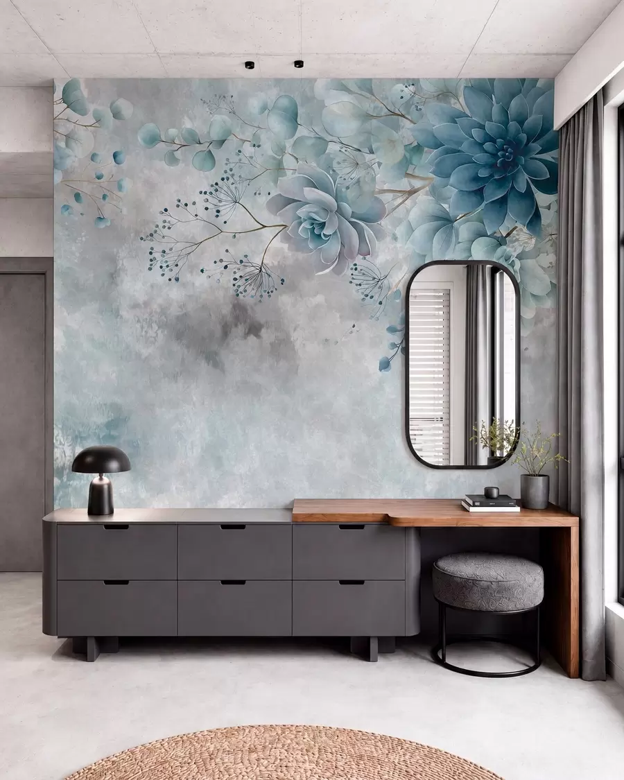 murais de parede Uma visão de cima para baixo de flores fantásticas em estilo retrô, em tons de azul e turquesa w05753v1