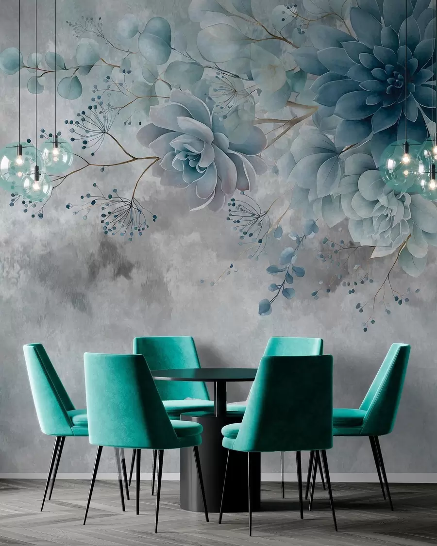 murais de parede Uma visão de cima para baixo de flores fantásticas em estilo retrô, em tons de azul e turquesa w05753v1