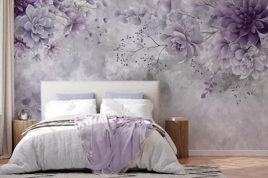 murais de parede Uma visão de cima para baixo de flores fantásticas em estilo retrô, em tons de roxo w05753v2