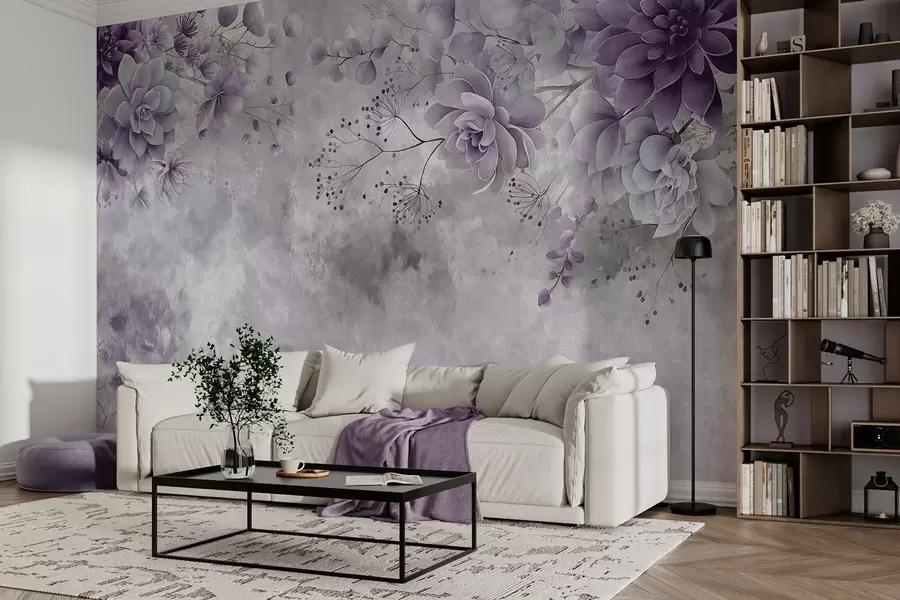 murais de parede Uma visão de cima para baixo de flores fantásticas em estilo retrô, em tons de roxo w05753v2