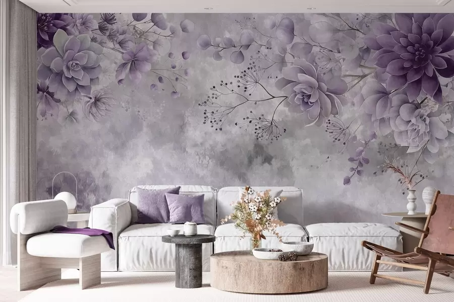 murais de parede Uma visão de cima para baixo de flores fantásticas em estilo retrô, em tons de roxo w05753v2