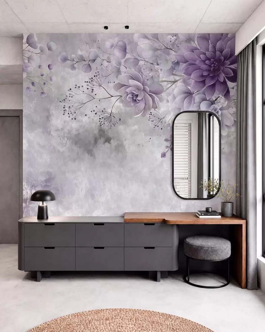 murais de parede Uma visão de cima para baixo de flores fantásticas em estilo retrô, em tons de roxo w05753v2