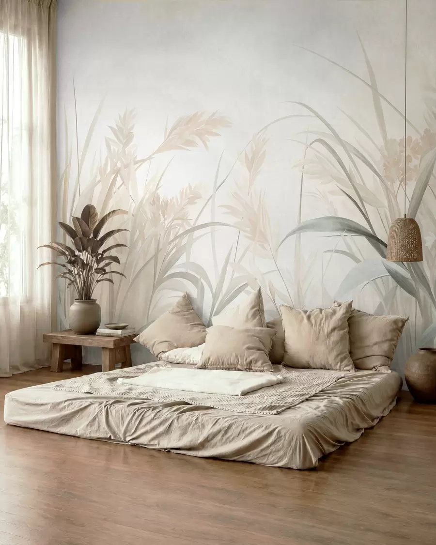 murais de parede Grama alta e esbelta e juncos em tons suaves e discretos de bege, creme e verde, com textura w09981
