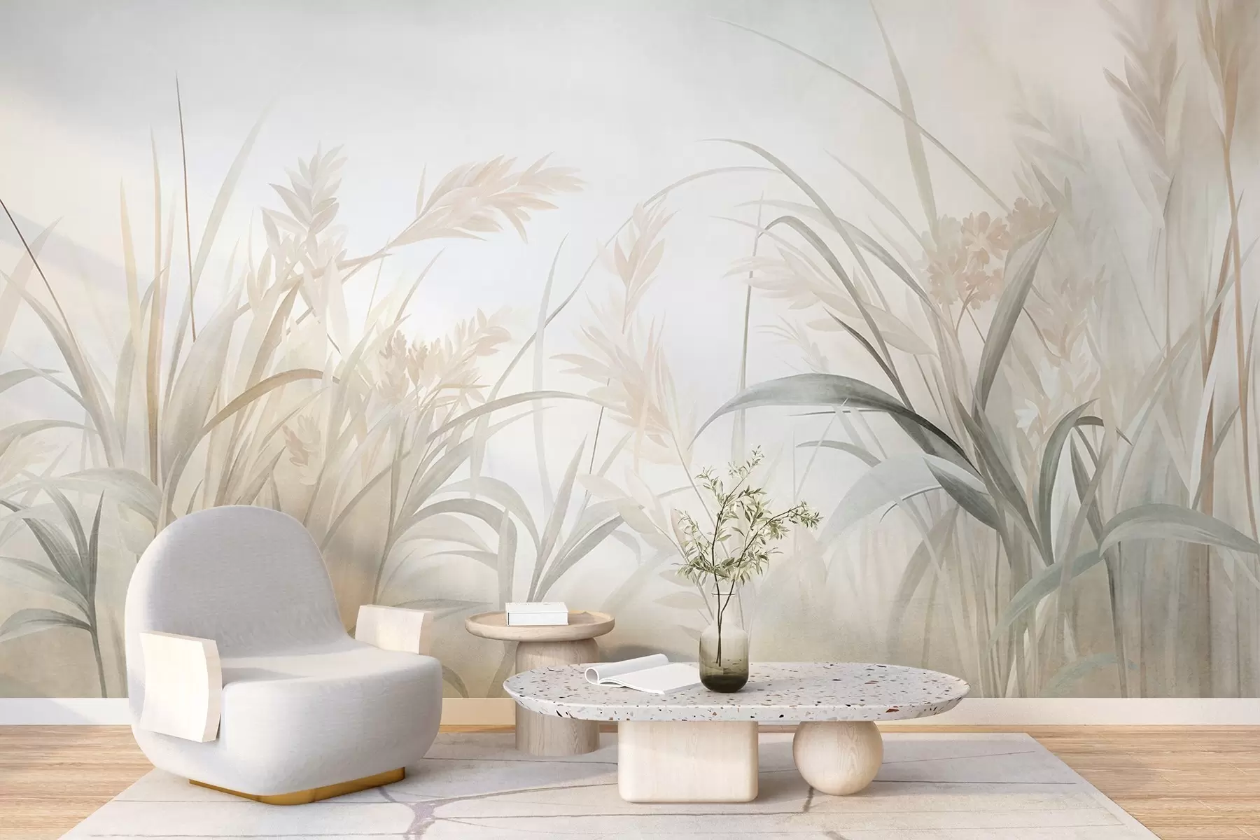 murais de parede Grama alta e esbelta e juncos em tons suaves e discretos de bege, creme e verde, com textura w09981