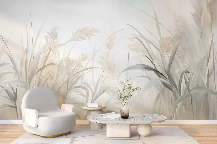 murais de parede Grama alta e esbelta e juncos em tons suaves e discretos de bege, creme e verde, com textura w09981