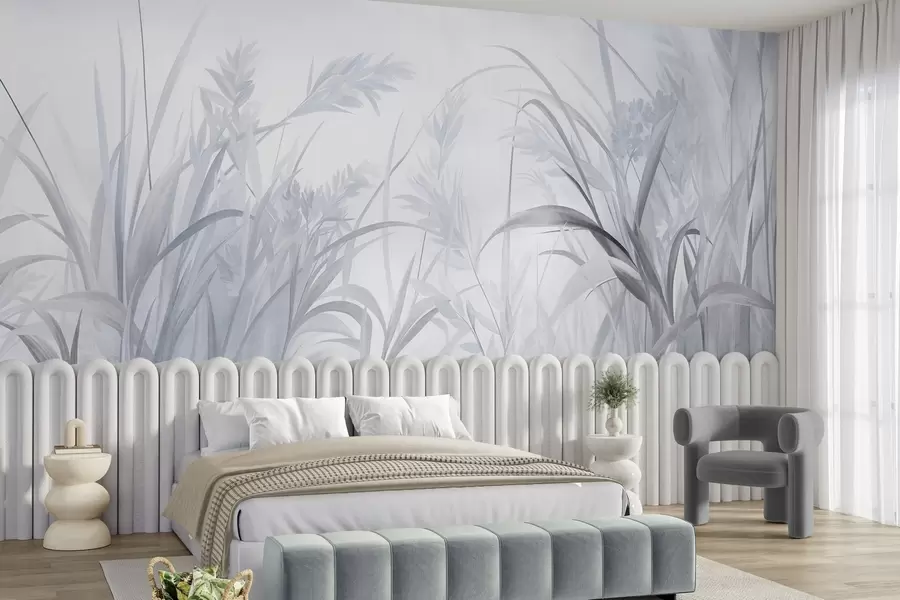 murais de parede Grama alta e esbelta e juncos em tons suaves e discretos de azul e cinza, com textura w09981v2