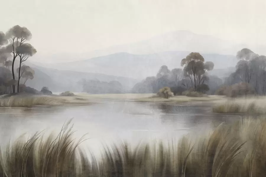 murais de parede Paisagem com textura, com um lago, gramíneas altas, árvores e montanhas ao fundo w09983