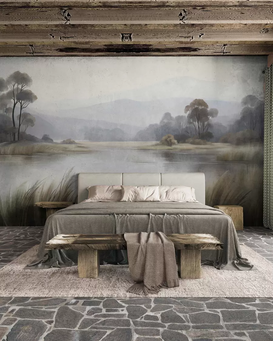 murais de parede Paisagem com textura, com um lago, gramíneas altas, árvores e montanhas ao fundo w09983