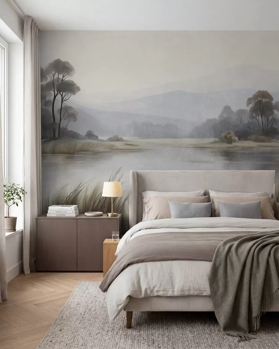 murais de parede Paisagem com textura, com um lago, gramíneas altas, árvores e montanhas ao fundo w09983