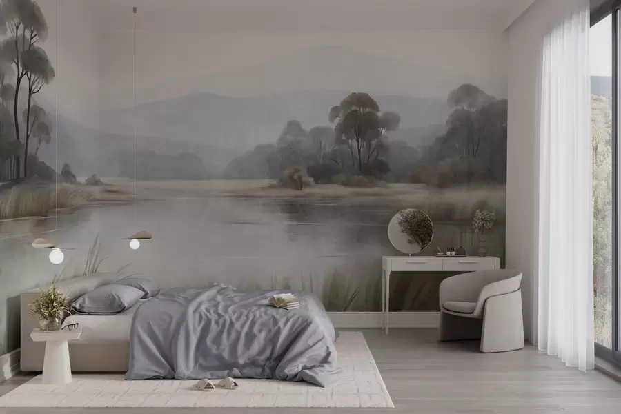 murais de parede Paisagem com textura, com um lago, gramíneas altas, árvores e montanhas ao fundo w09983