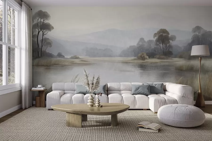 murais de parede Paisagem com textura, com um lago, gramíneas altas, árvores e montanhas ao fundo w09983
