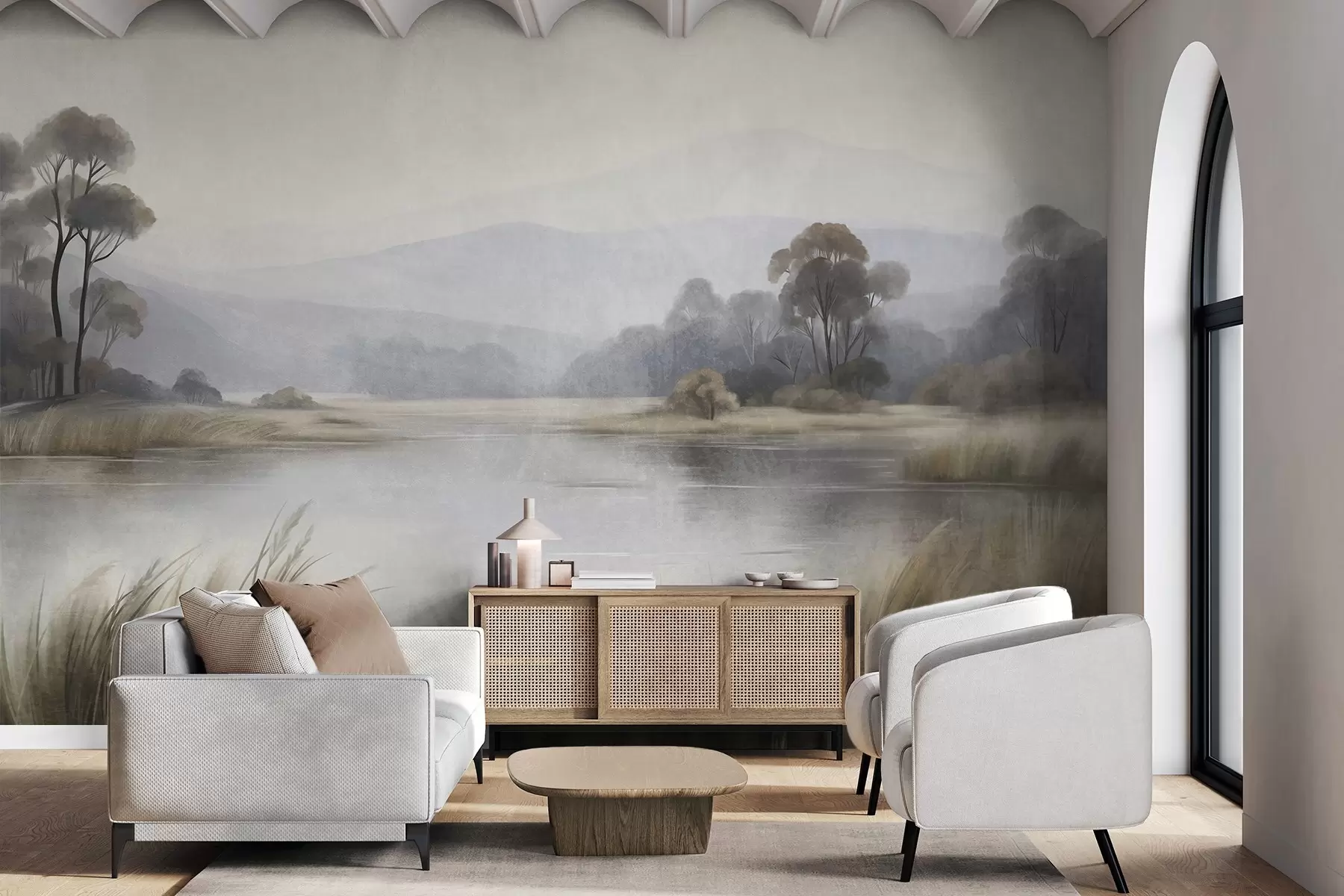 murais de parede Paisagem com textura, com um lago, gramíneas altas, árvores e montanhas ao fundo w09983