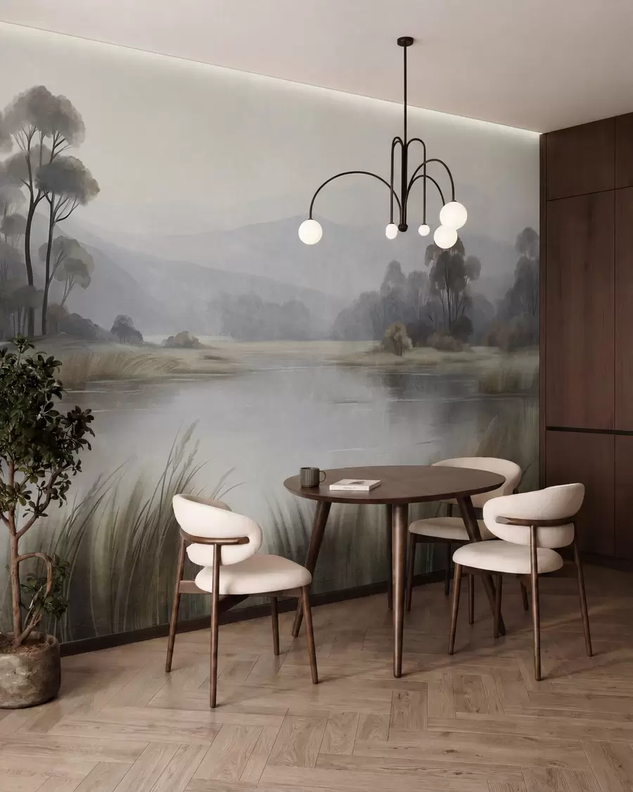 murais de parede Paisagem com textura, com um lago, gramíneas altas, árvores e montanhas ao fundo w09983