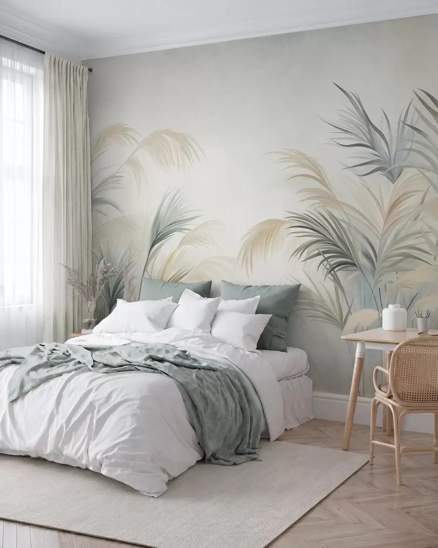 murais de parede Plantas altas em tons suaves de bege, verde e cinza, contra um fundo de textura suave w09984