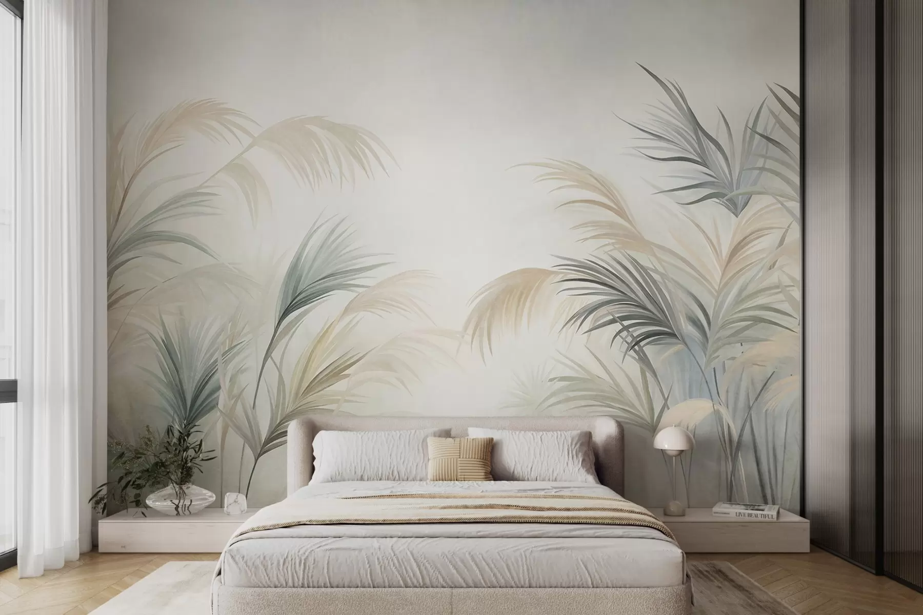 murais de parede Plantas altas em tons suaves de bege, verde e cinza, contra um fundo de textura suave w09984