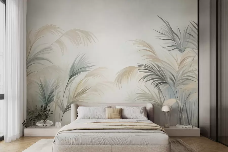 murais de parede Plantas altas em tons suaves de bege, verde e cinza, contra um fundo de textura suave w09984