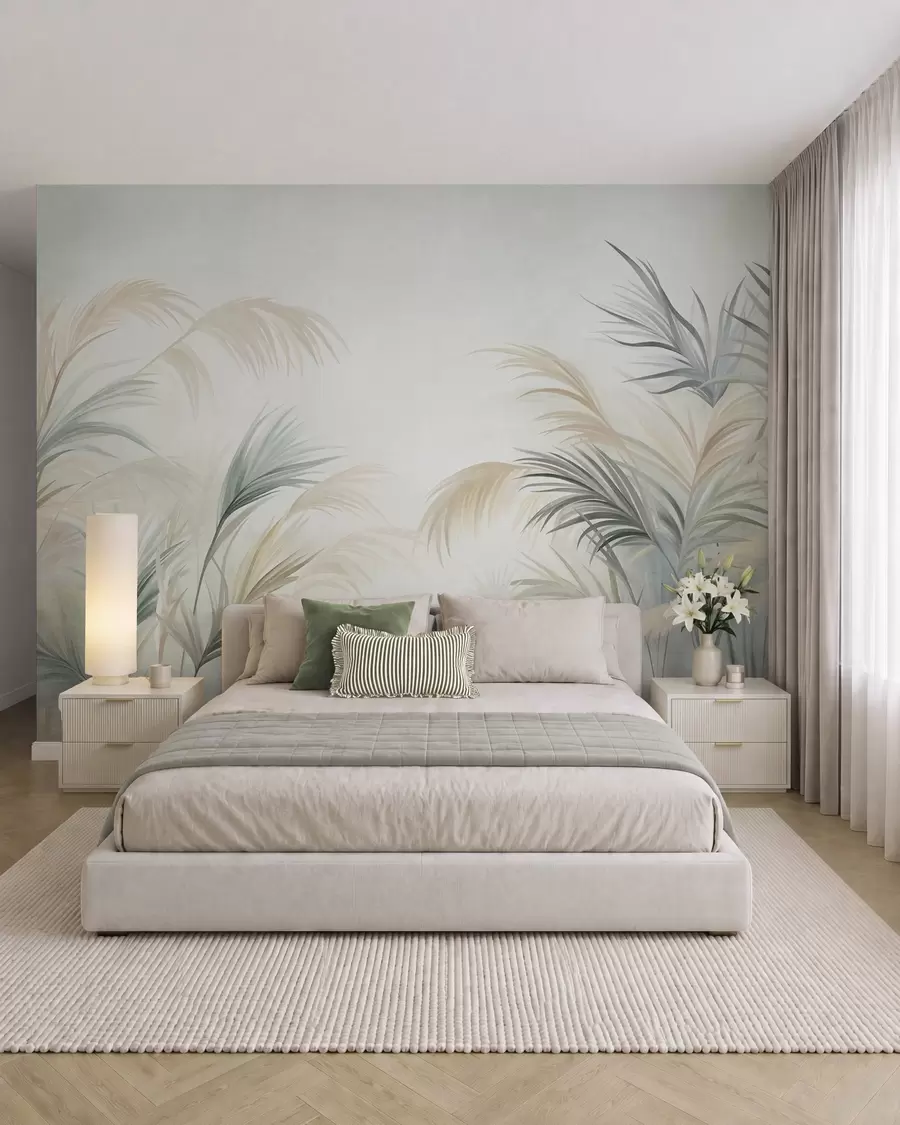 murais de parede Plantas altas em tons suaves de bege, verde e cinza, contra um fundo de textura suave w09984