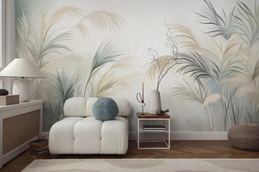 murais de parede Plantas altas em tons suaves de bege, verde e cinza, contra um fundo de textura suave w09984