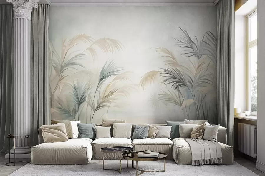 murais de parede Plantas altas em tons suaves de bege, verde e cinza, contra um fundo de textura suave w09984