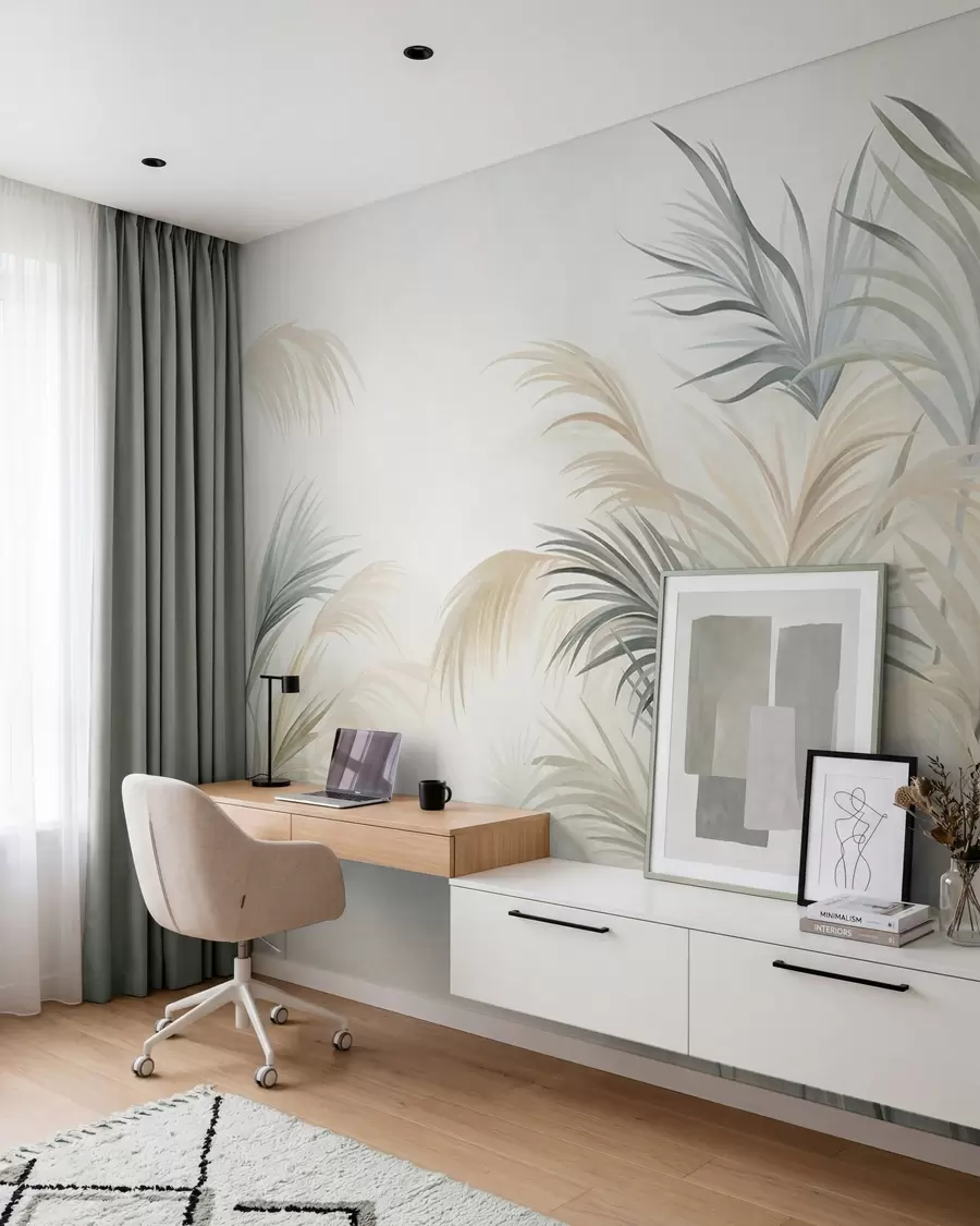 murais de parede Plantas altas em tons suaves de bege, verde e cinza, contra um fundo de textura suave w09984