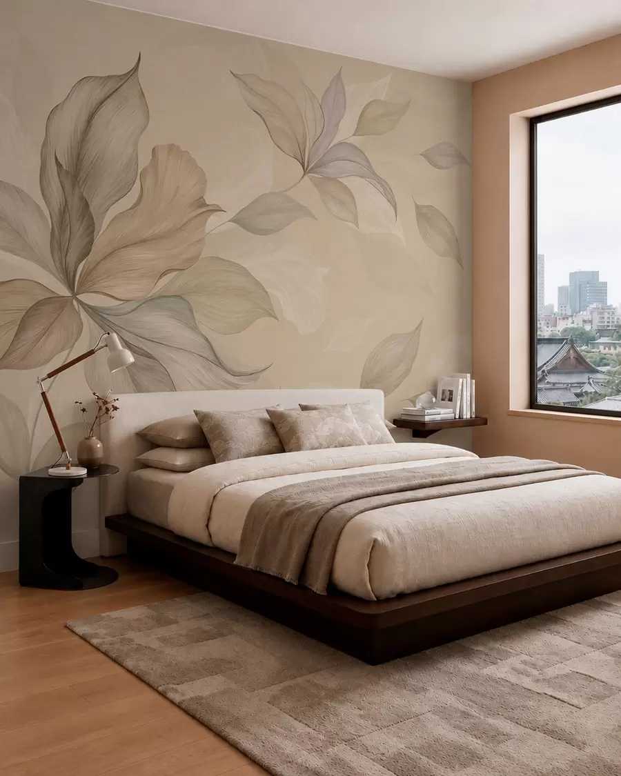 murais de parede Folhas grandes e decorativas sobre um fundo aconchegante w05733