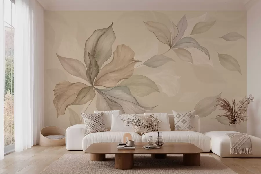 murais de parede Folhas grandes e decorativas sobre um fundo aconchegante w05733