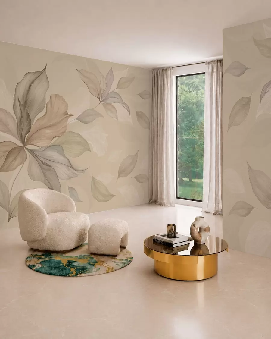murais de parede Folhas grandes e decorativas sobre um fundo aconchegante w05733