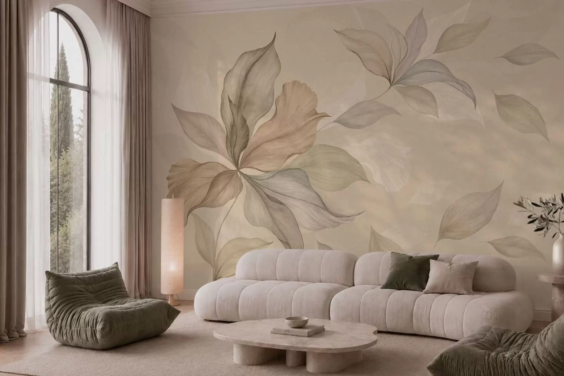 murais de parede Folhas grandes e decorativas sobre um fundo aconchegante w05733