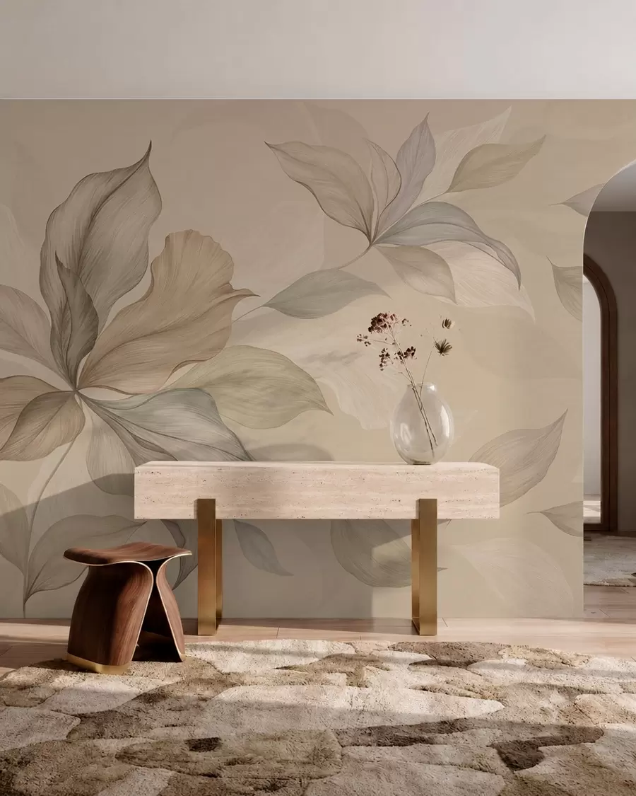 murais de parede Folhas grandes e decorativas sobre um fundo aconchegante w05733