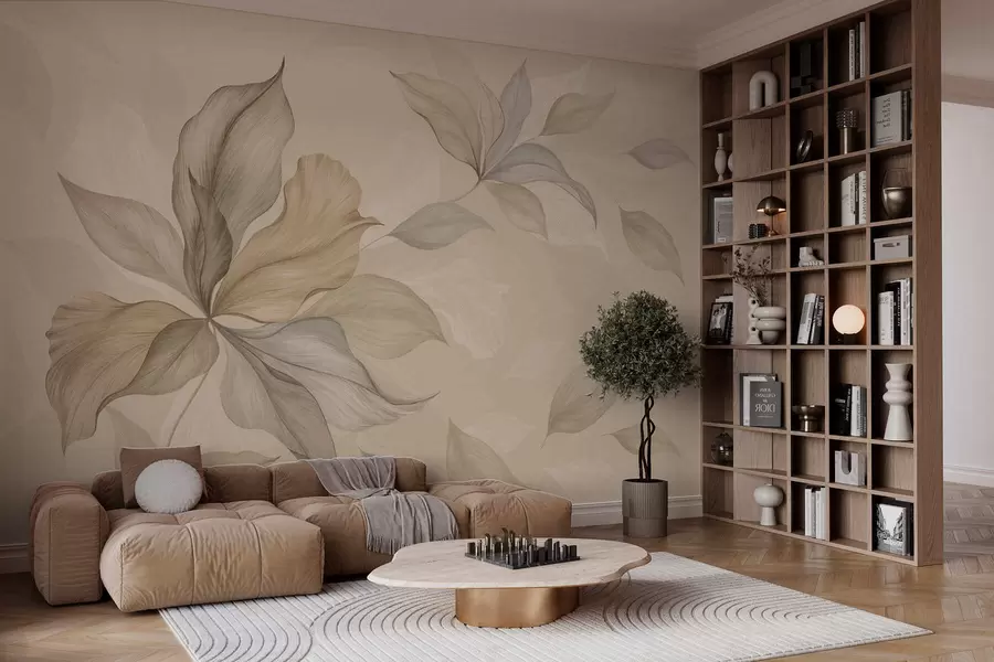 murais de parede Folhas grandes e decorativas sobre um fundo aconchegante w05733