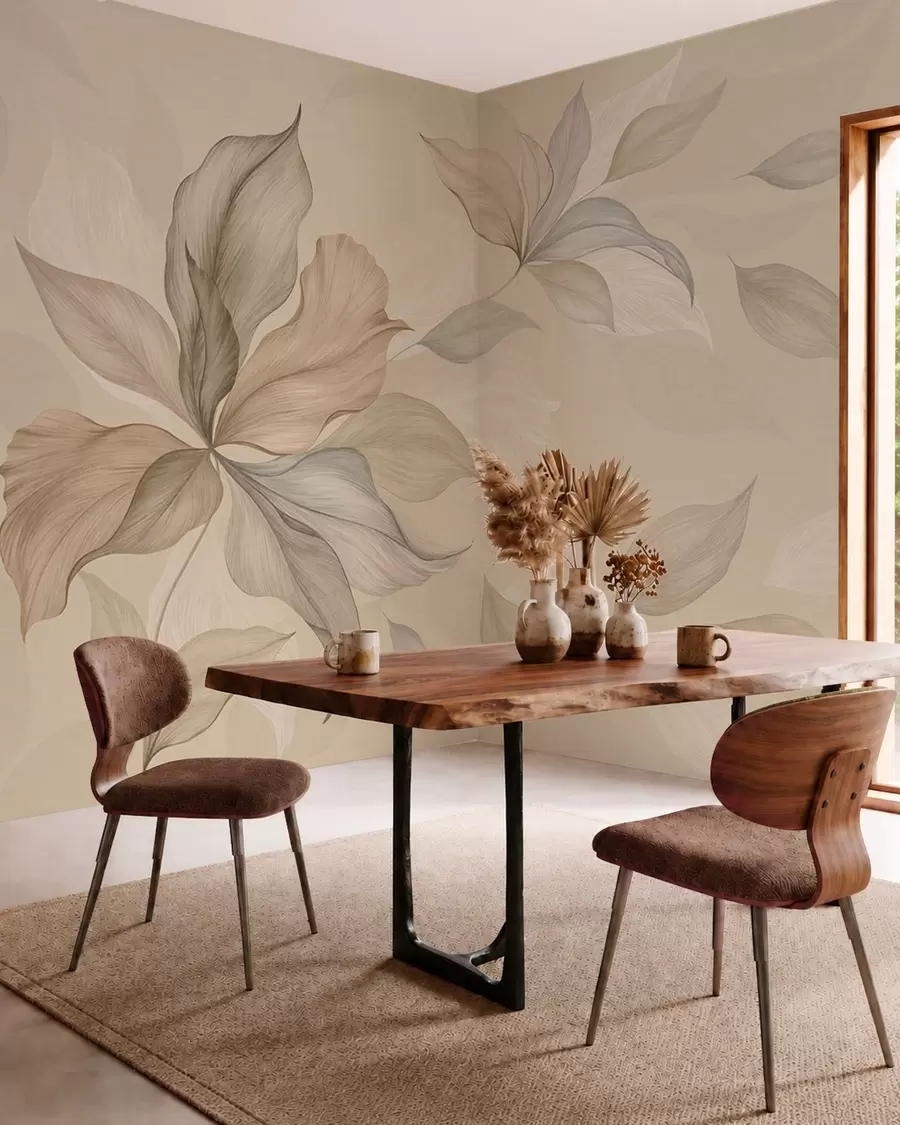 murais de parede Folhas grandes e decorativas sobre um fundo aconchegante w05733